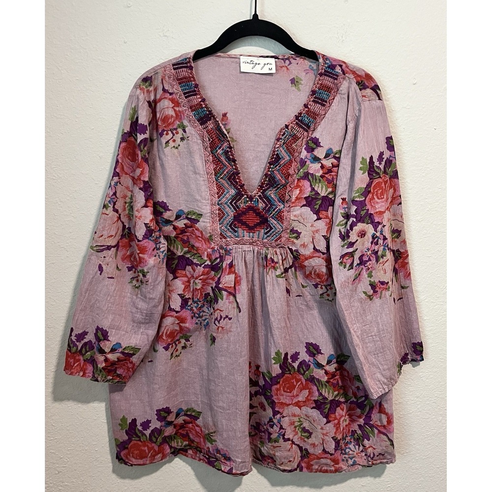 Vintage Goa Tunic Top Size M Purple Floral Cotton Boho Embroidered Neckline